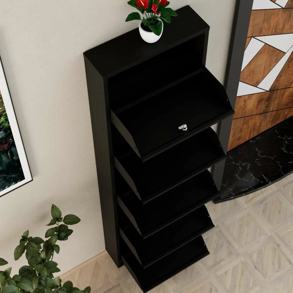 Dollap këpucësh Skye Decor, metal, 5 pjesë, ngjyrë e zezë, me kyç