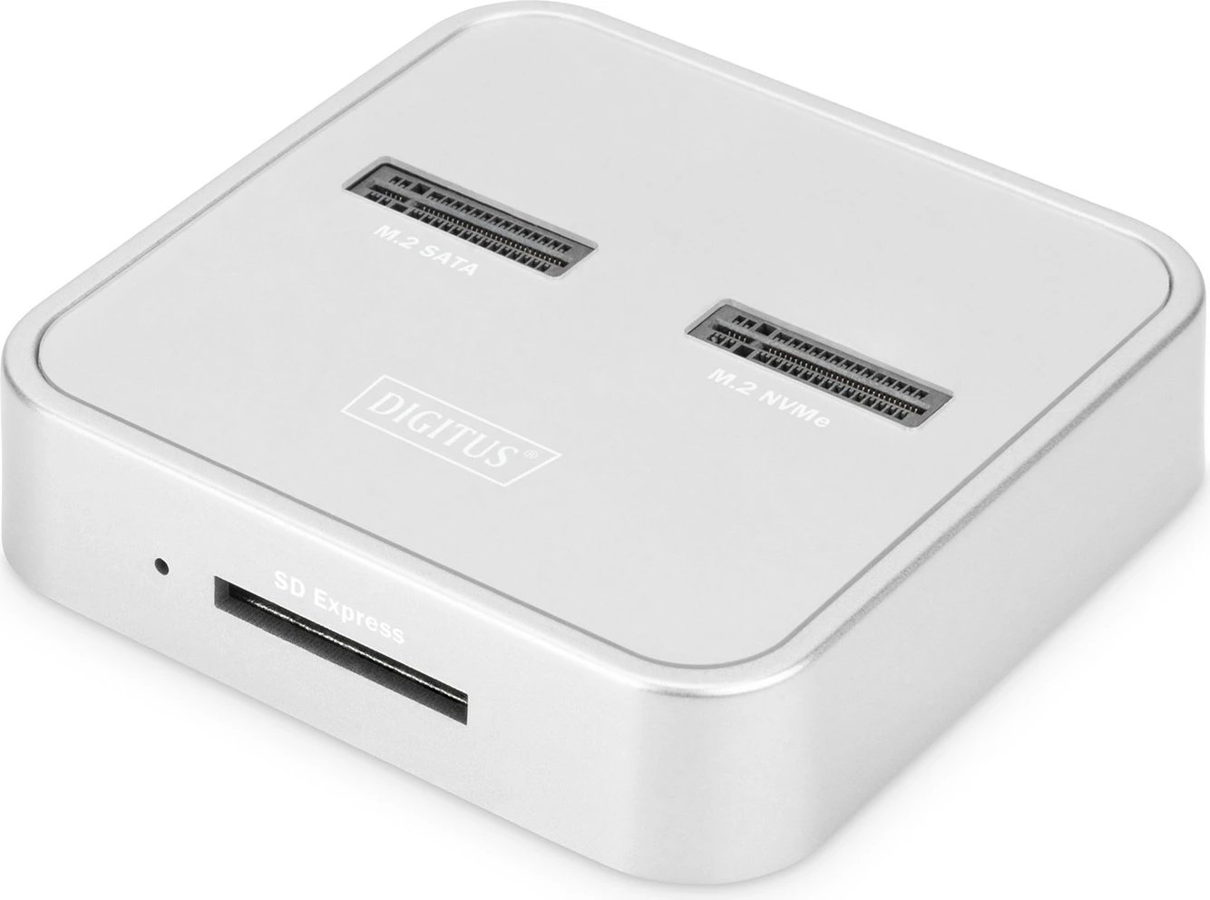 Stacion docking DIGITUS DA-71546 për M.2 NVMe + M.2 SATA SSD me lexues SD Express, USB-C, argjendtë