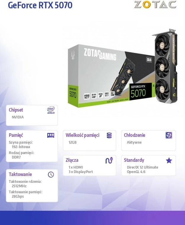 Kartë grafike, ZOTAC GAMING, GeForce RTX 5070 SOLID ZT-B50700D-10P, 12GB GDDR7 192-bit, 3x DisplayPort/HDMI, PCIe 5.0