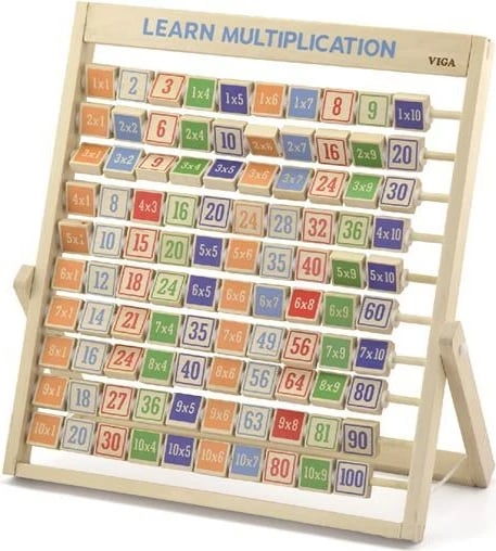 Tabelë shumëzimi druri, Viga, 10 shufra me kuba rrotullues, 345x370x23 mm, për 3+ vjeç, shumëngjyrëshe