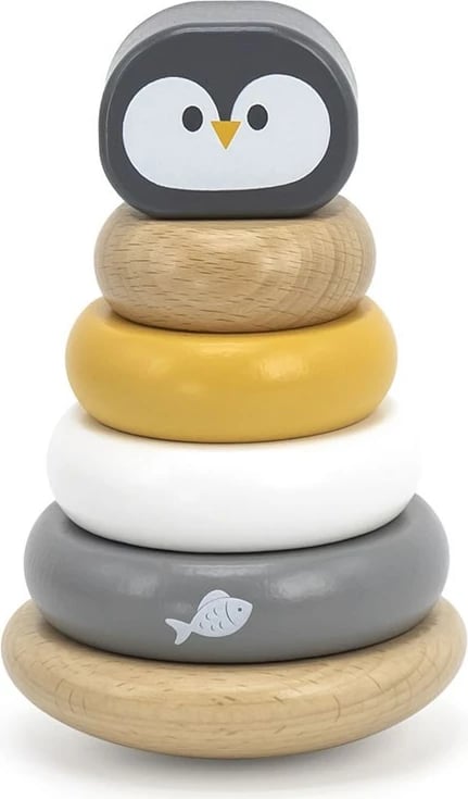 lodër piramidë stivuese druri, Viga Penguin, 5 disqe, për 12M+, multingjyrëshe