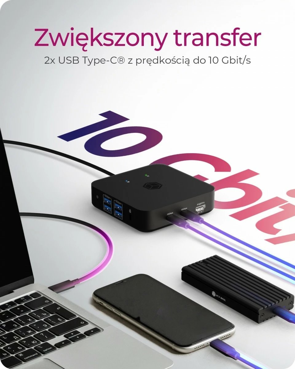 Kasë IcyBox IB-DK4090-C, 12 porte, USB Type-C, 3x HDMI, LAN, USB, Power Delivery deri 100W, e zezë