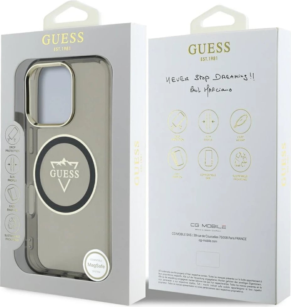 Mbështjellës Guess IML Metal Mountain Logo MagSafe për iPhone 16 Pro, i zi