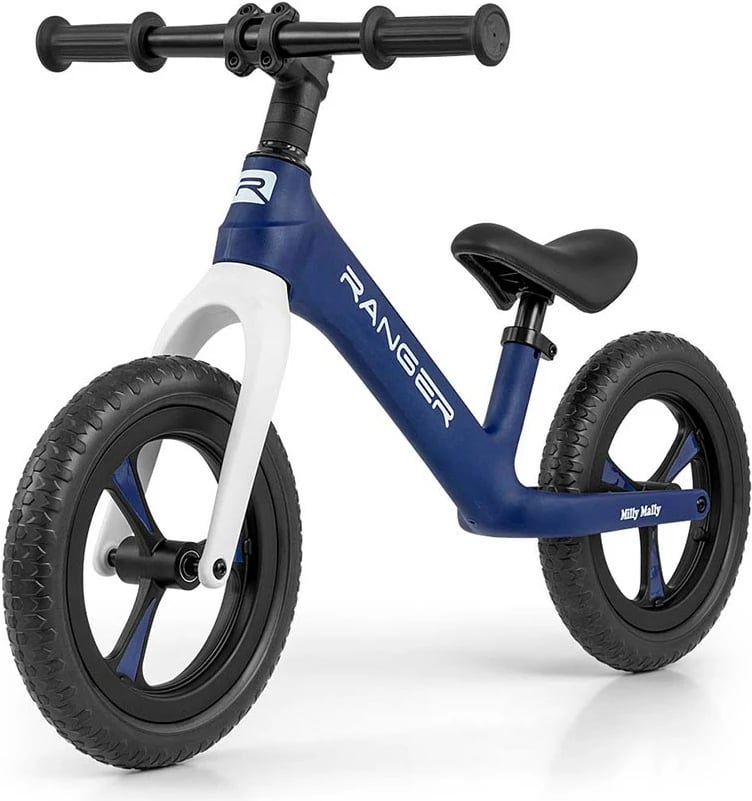 biçikletë balancuese për fëmijë, Milly Mally Ranger, 12" rrota EVA pa shpim, kornizë kompozite, sedilje e rregullueshme, navy