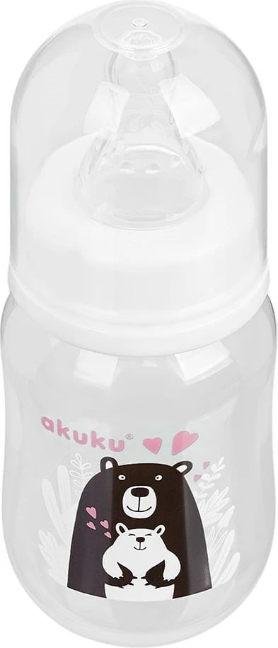 Biberon, AKUKU, 125 ml, thithë silikoni rrjedhje e ngadalshme, PP pa BPA, kapak kundër derdhjes, me figurë arushi, i bardhë