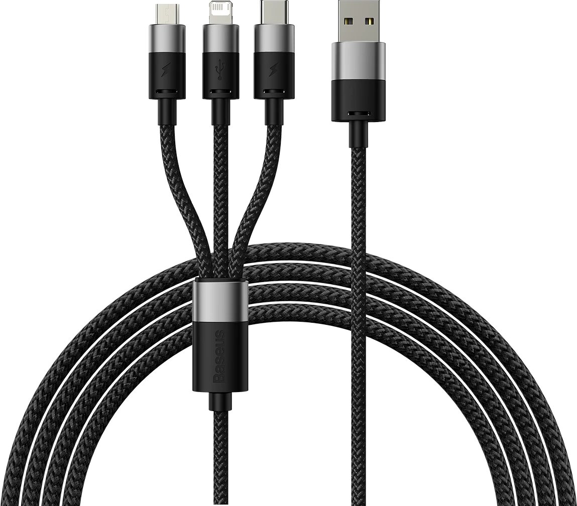 Kabllo 3-në-1 Baseus StarSpeed CAXS000001, 1.2m, USB-A në USB-C/Micro USB/Lightning, e zezë