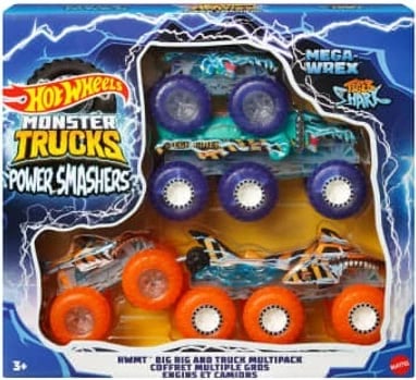 Set lodrash Hot Wheels Monster Trucks Power Smashers, Tiger Shark & Mega-Wrex, 1:64, shumëngjyrëshe