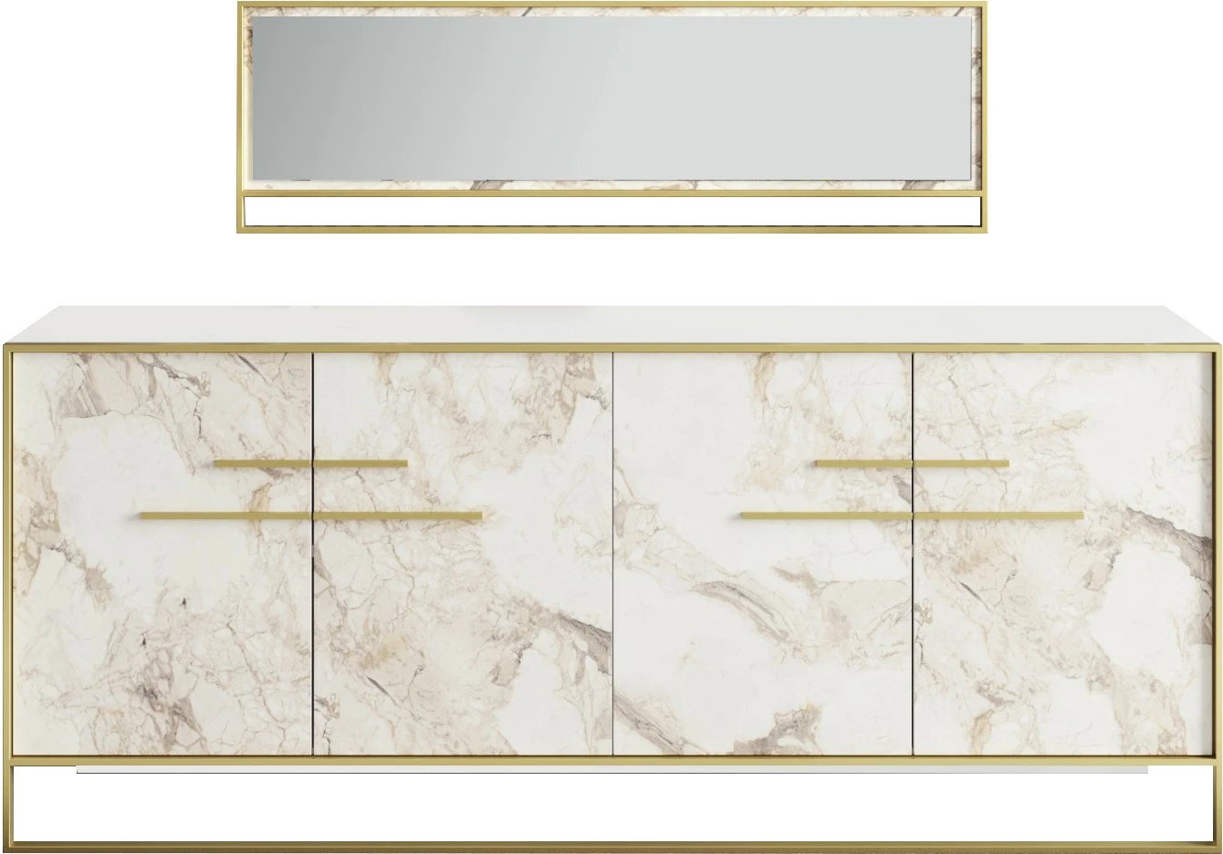 Konsolë me pasqyrë, model Polka, ngjyrë e bardhë dhe ari