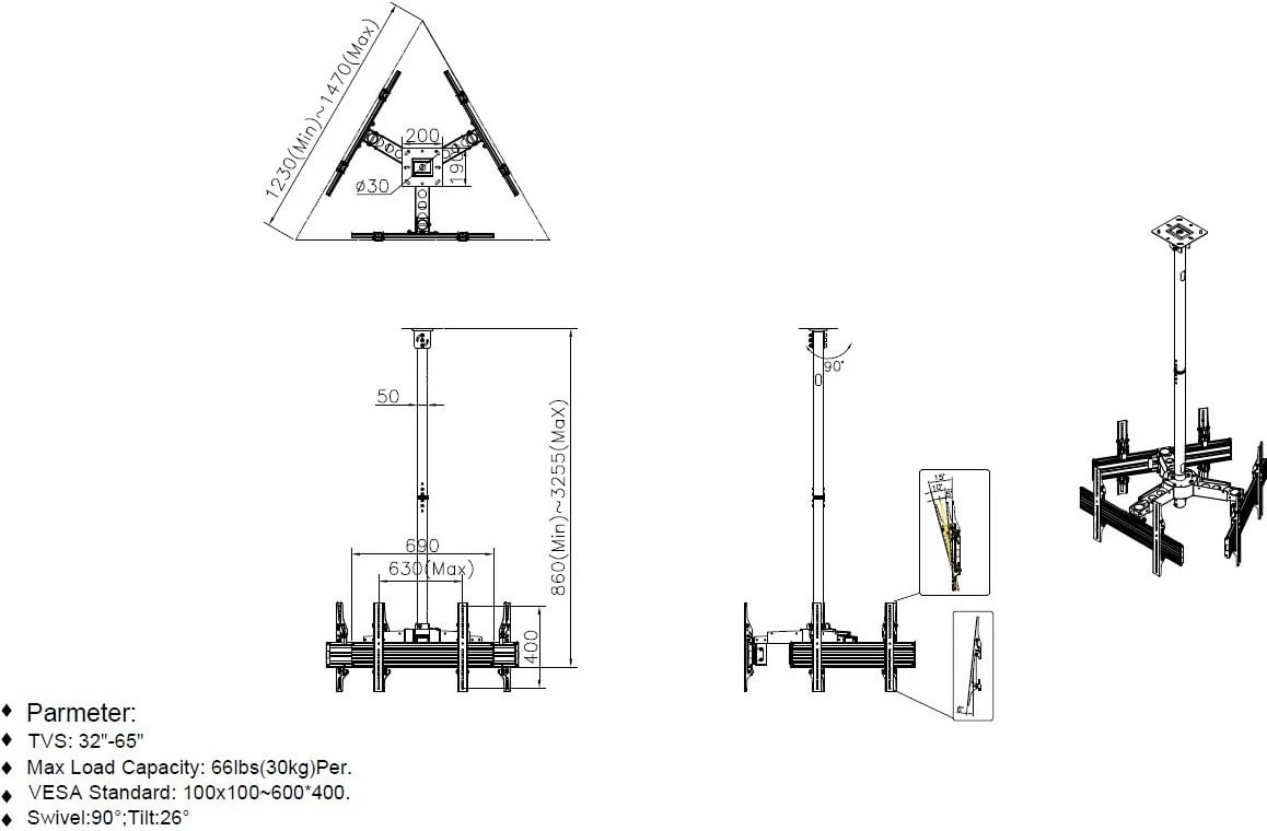 Mbajtës tavani për 3 TV, Equip, 32-65 inç, 90 kg, i zi