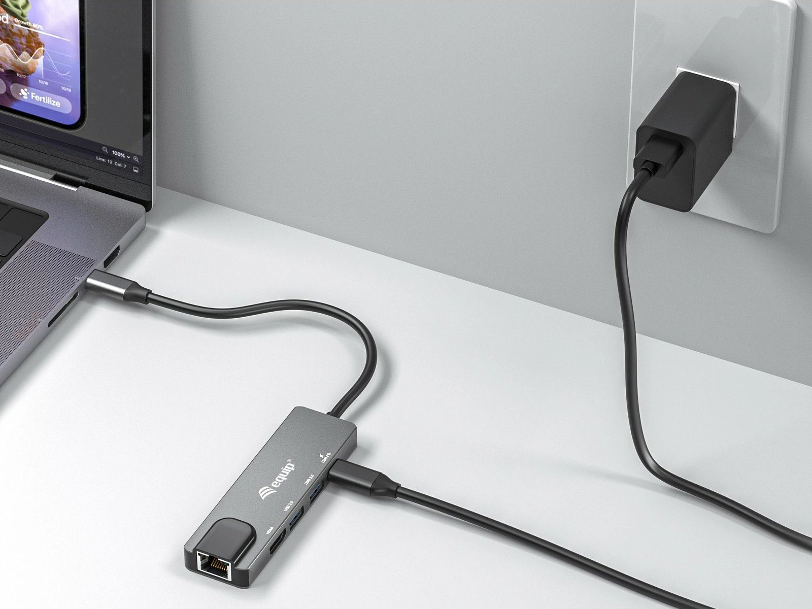 Adapter multifunksional USB-C Equip 133489, 5 porte, HDMI, Gigabit LAN, 100W PD, Gri