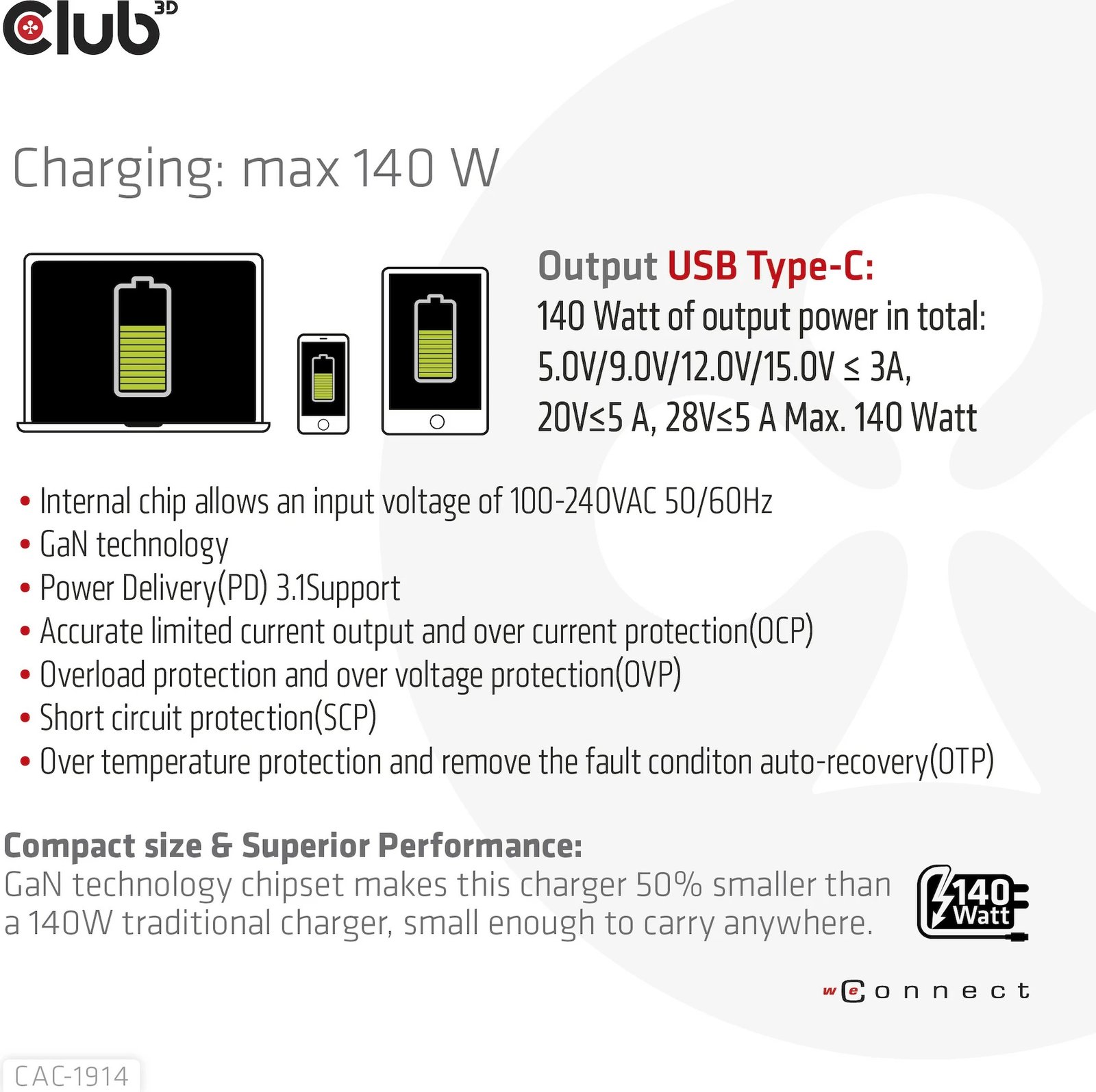 Karikues Club3D 140W, GaN, USB-C, me kabllo USB-C, i zi Karikues Club3D 140W, GaN, USB-C, me kabllo USB-C, i zi