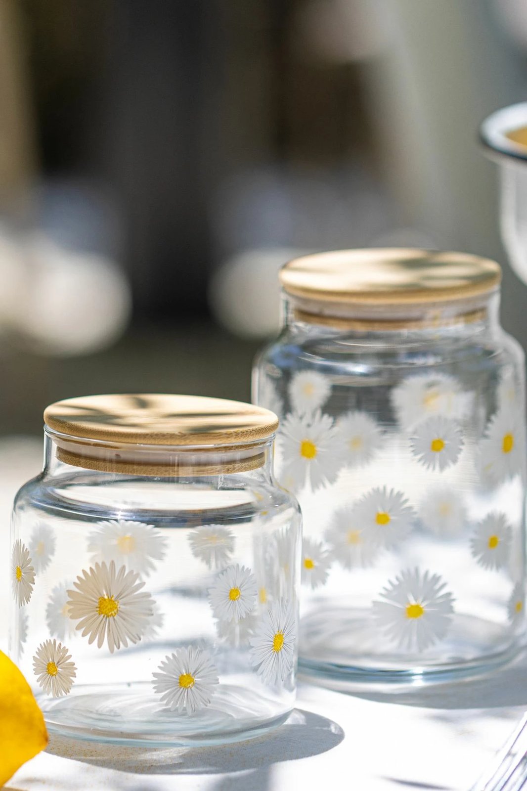 Set kavanozash prej qelqi, 2 copë, Hermia Concept Fiona, transparent, me kapak druri, me lule