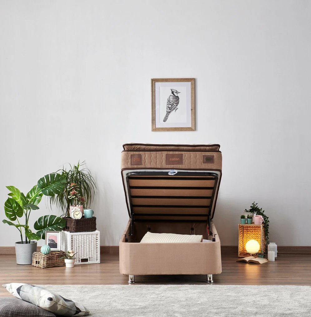 Set krevat, dyshek, bazë dhe shtrat, Skye Decor, ngjyrë kafe e çelët, 100x200