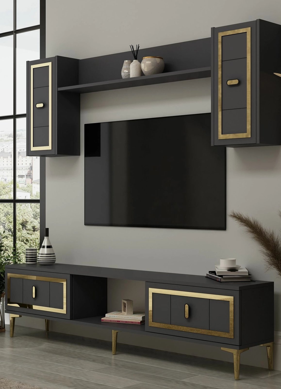 Komodë TV Skye Decor, ngjyrë antracit, ar