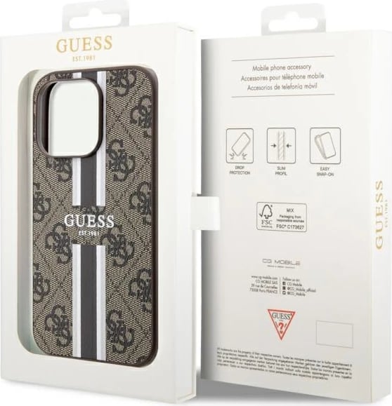 Mbështjellës Guess GUHMP14LP4RPSW për iPhone 14 Pro 6.1", 4G Printed Stripes MagSafe, Kafe