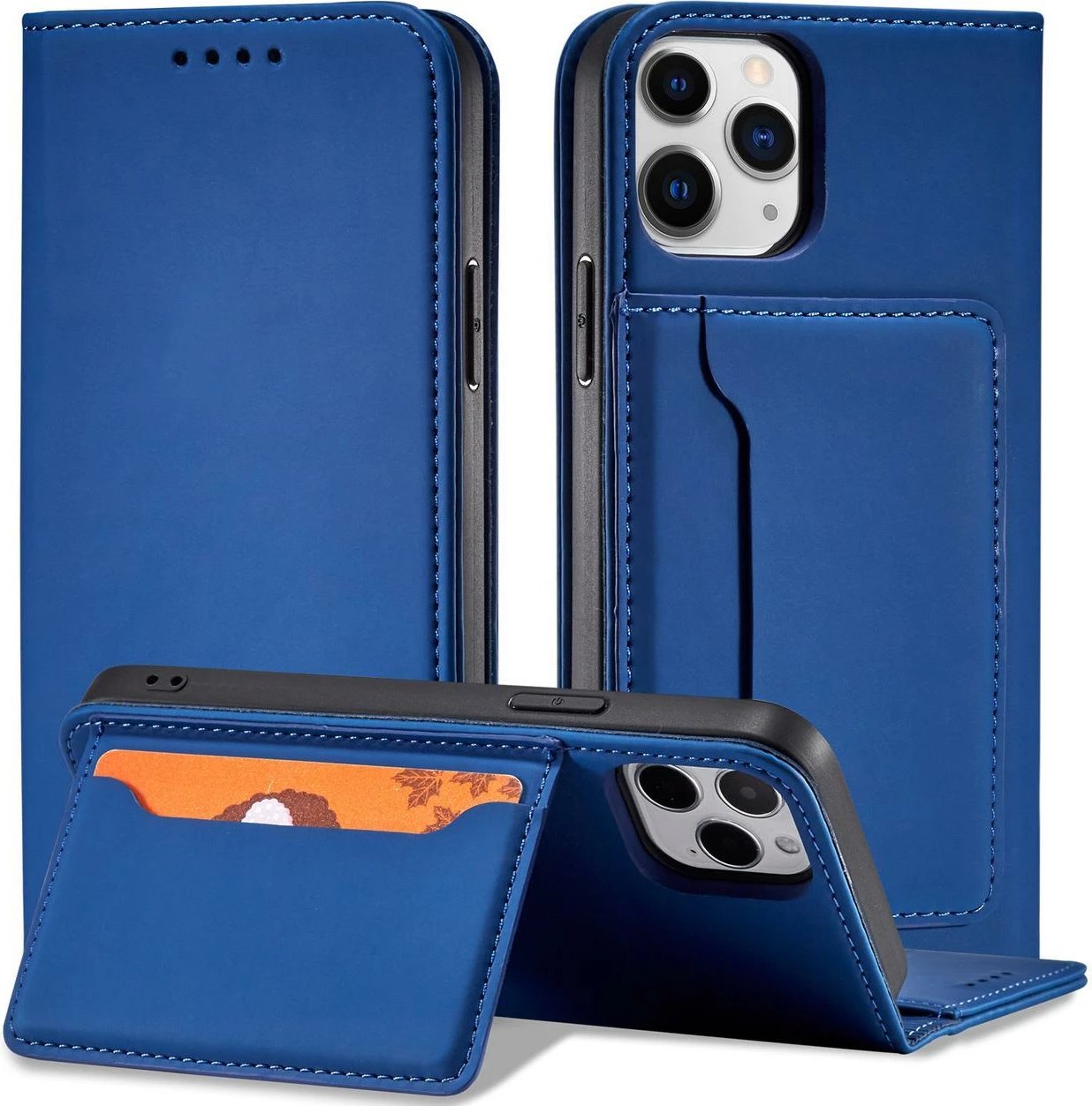 Mbështjellës Hurtel Magnet Card Case për iPhone 12 Pro, me kapak, portofol dhe qëndrim, kaltër