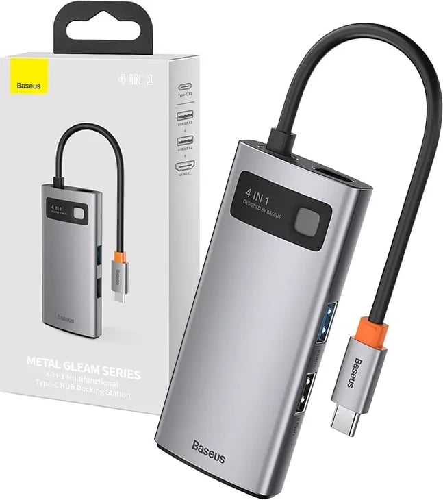 Kasë Baseus Metal Gleam Series 4in1, CAHUB-CY0G, USB-C në USB 3.0 + USB 2.0 + HDMI + USB-C PD, Gri