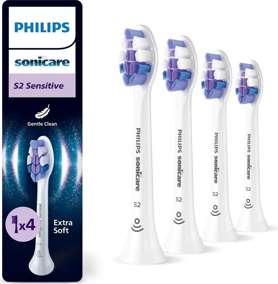 Koka zëvendësuese për furçë dhëmbësh Philips Sensitive HX6054/87, 4 copë, Ekstra të buta, Bardhë