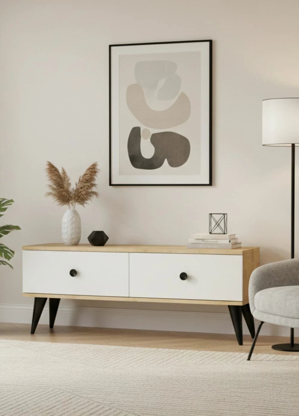 Komodë TV, ngjyrë lis safir dhe e bardhë, Mona 120