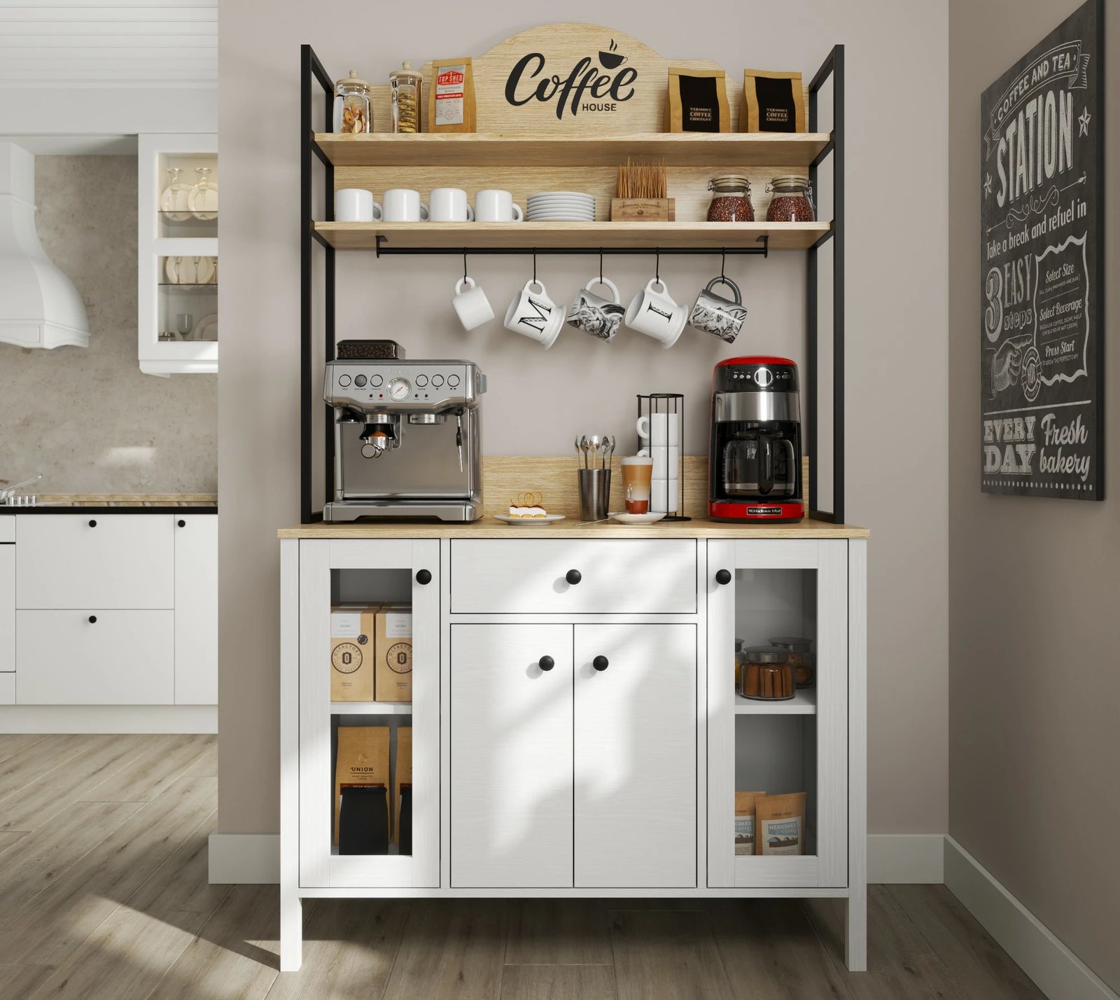 Dollap për kafe, ngjyrë druri dhe e bardhë, FRN-20075