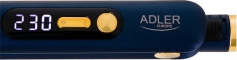 Drejtues flokësh Adler AD 2328, pllaka titan 25x110 mm, 150–230°C, 50 W, ngrohje e shpejtë, ekran LED, kabllo 360°, Gold/Navy blue