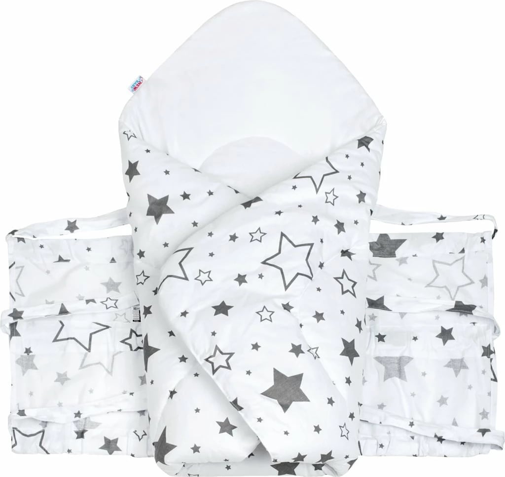 Mbështjellëse foshnje me lidhëse, New Baby, klasike, 70x70 cm, mbulesë 100% pambuk, mbushje anti-alergjike, e bardhë me yje gri