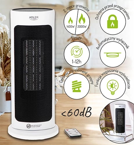 Ngrohës kullë Adler AD 7738, qeramik, 2000W, LED, telekomandë, timer 1-12h, i bardhë