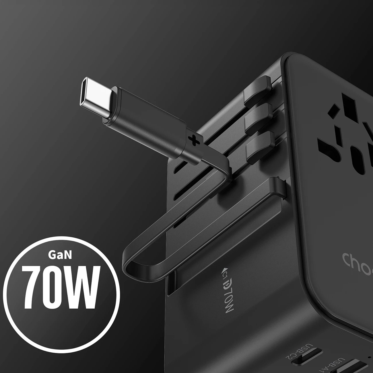 Adapter udhëtimi Choetech PD5022 me karikues 70W, 4 porta, USB-C/USB-A, i zi