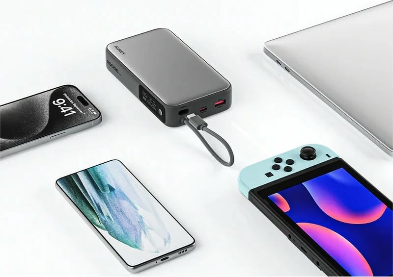 Power bank AUKEY PB-Y48 Spark Sling, 20000mAh, 130W, 4xUSB, LED, kabllo USB-C, Gri