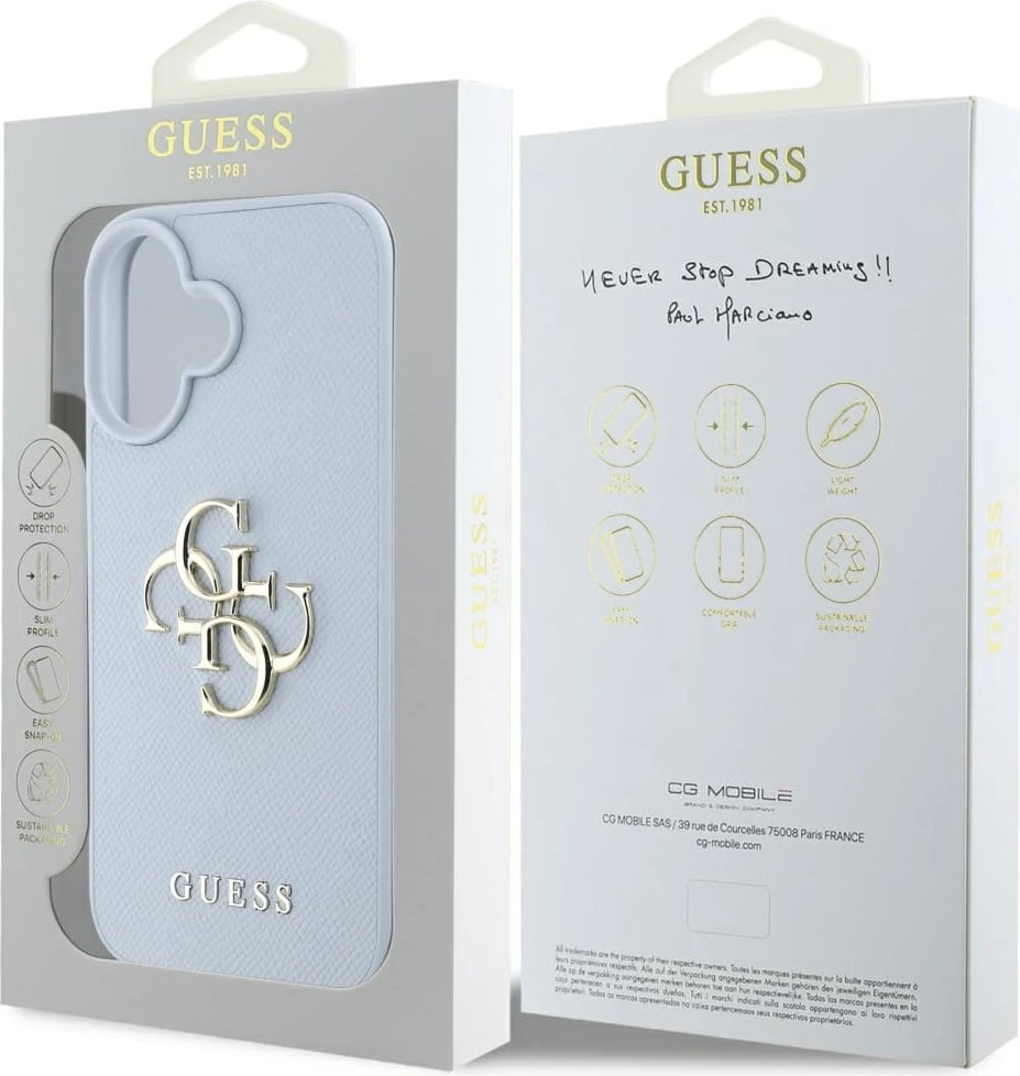 Mbështjellës Guess Grained Big 4G Logo Small Classic Logo për iPhone 16, Blu Mbështjellës Guess Grained Big 4G Logo Small Classic Logo për iPhone 16, Blu