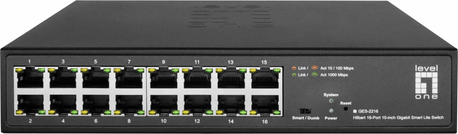 Switch LevelOne Hilbert 10” 16-Port Gigabit Smart Lite, 16 x Gigabit RJ45, Managed, L2, Rack mounting