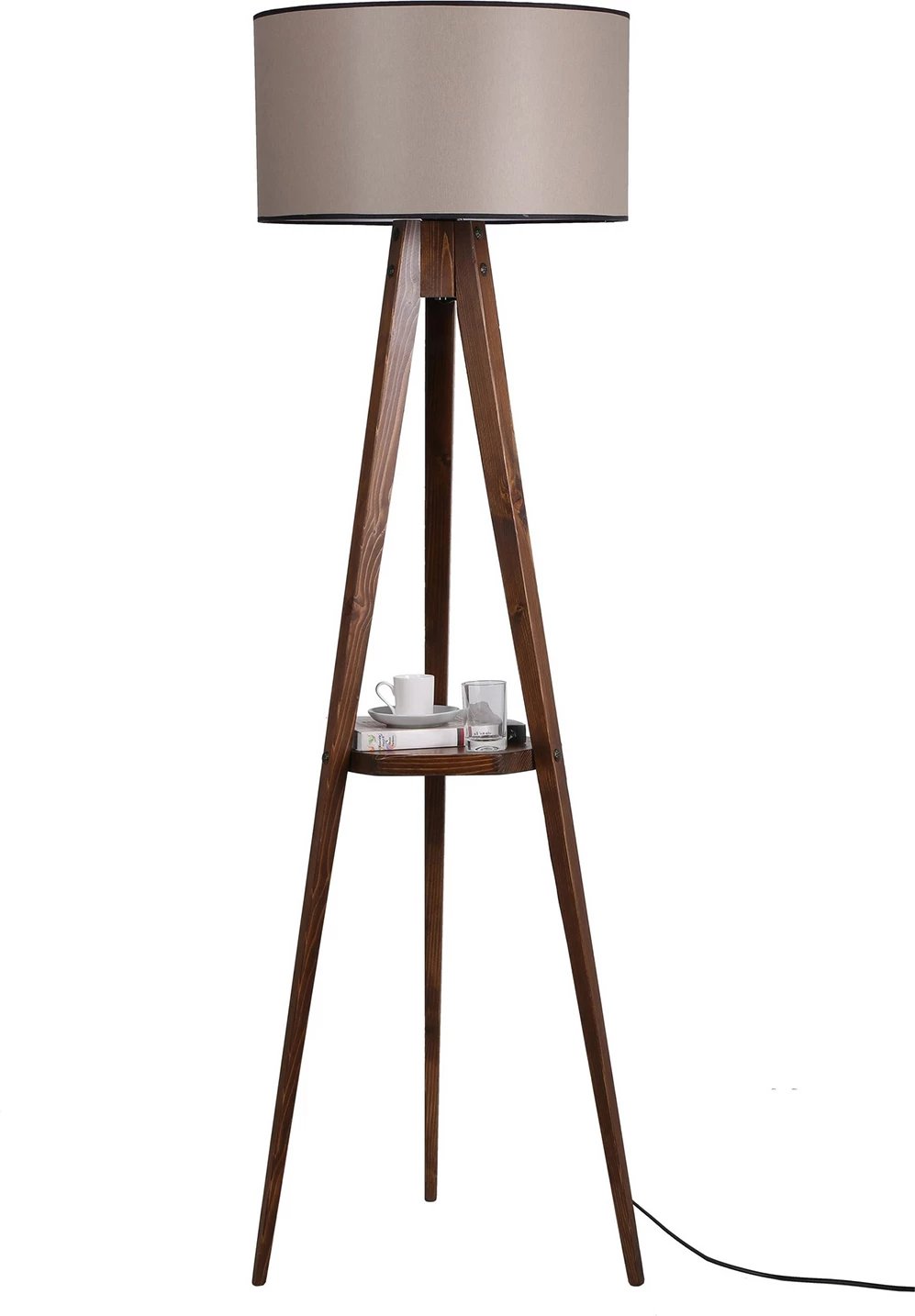 Llambë dyshemeje Opviq, tripod, ngjyrë arre, me rafte, Sehbalı Tripod Ceviz Lambader Silindir 82 Abajurlu