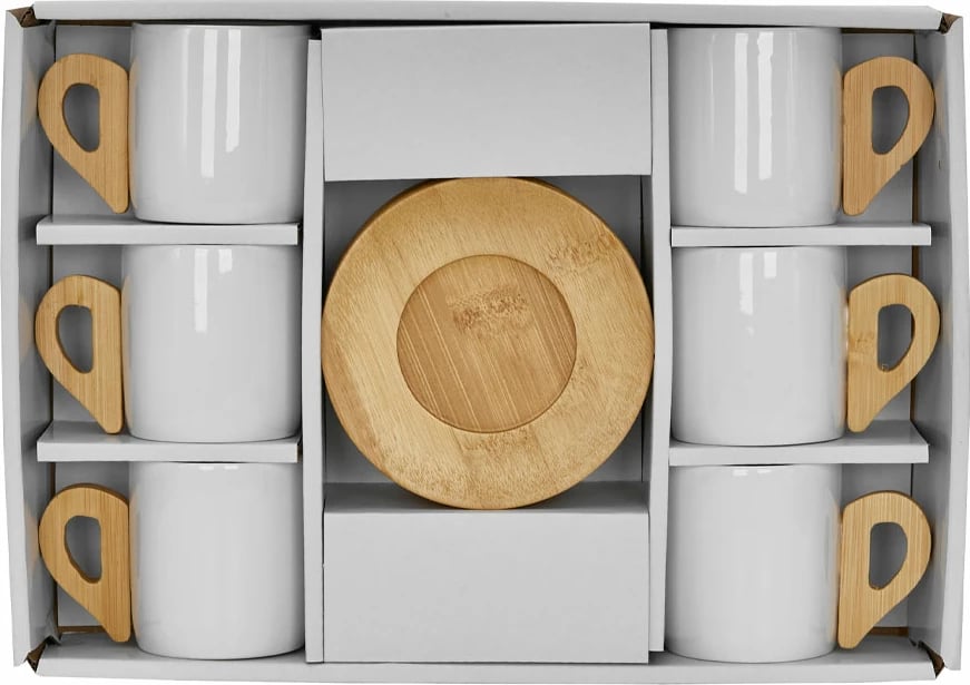 Set filxhanësh espresso Nordic, 6 copë, porcelan i bardhë, bambu natyral, 29x21x7cm