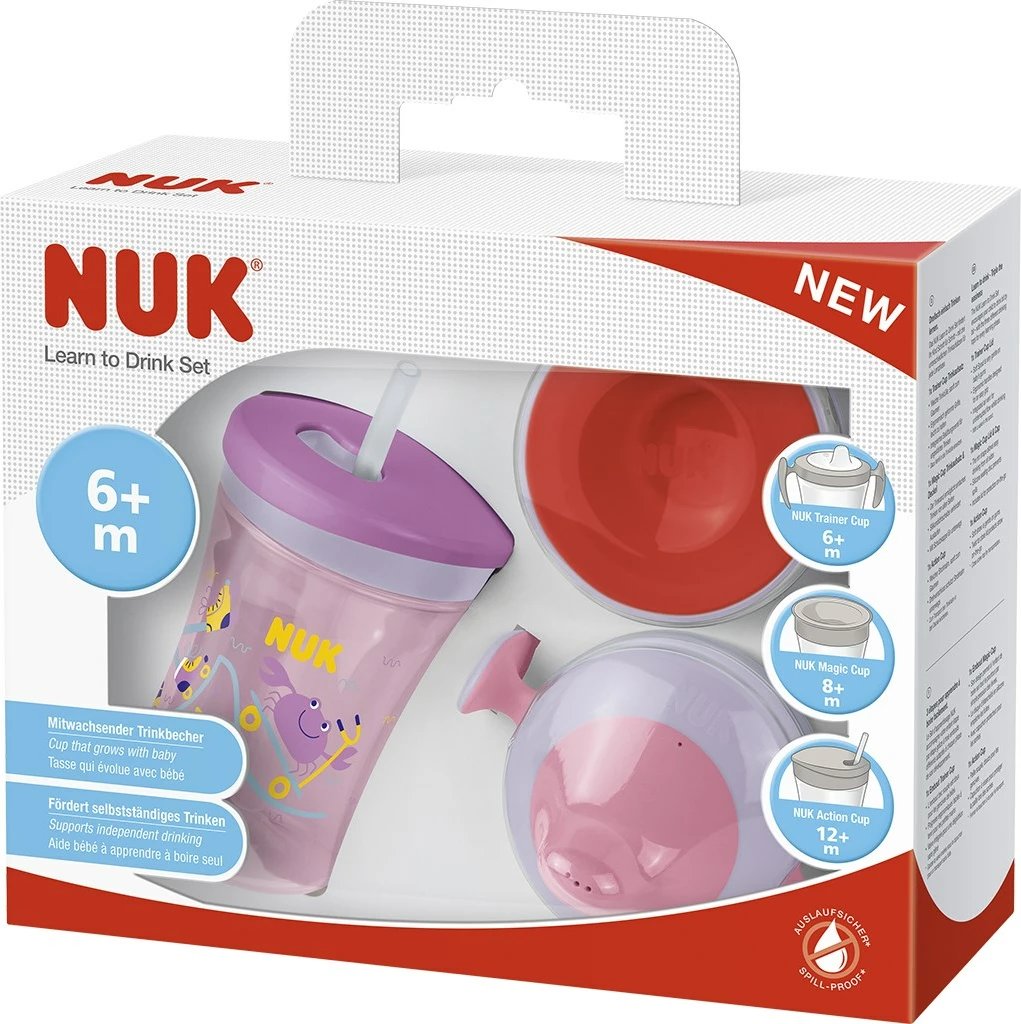 Gotë mësuese bebe, NUK Learn to Drink Set, 230 ml, pa rrjedhje, BPA-free, 6m+, e kuqe, set