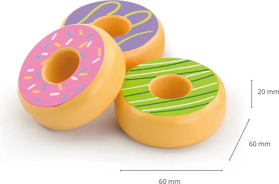 Lodër druri, Viga, donut prej druri, diametër 60 mm, për 18+ muaj, shumëngjyrësh, set 6 copë