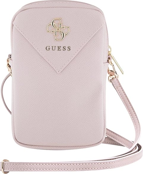 Mbështjellës Guess ZIP Leather Triangle 4G për celular, rozë