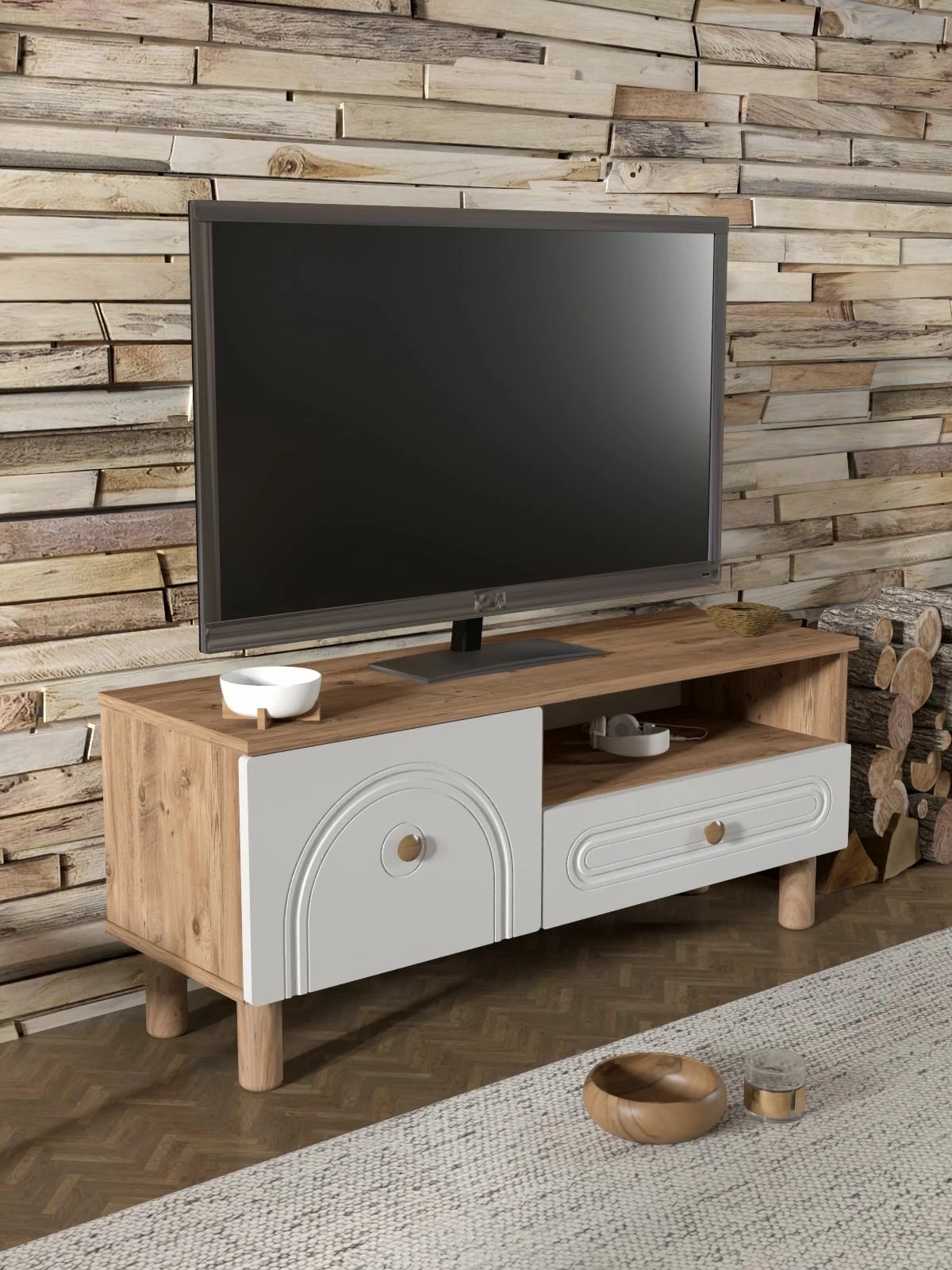 Komodë TV, Skye Decor, Serenta 105, ngjyrë Atlantic Pine dhe e bardhë