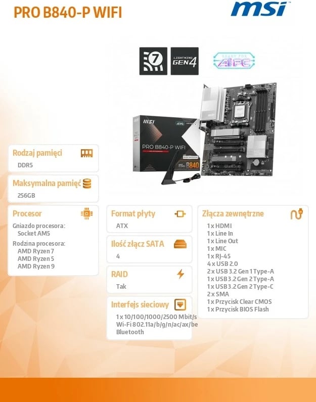 Pllakë amë MSI PRO B840-P WIFI, Socket AM5, DDR5, Wi-Fi 7, ATX
