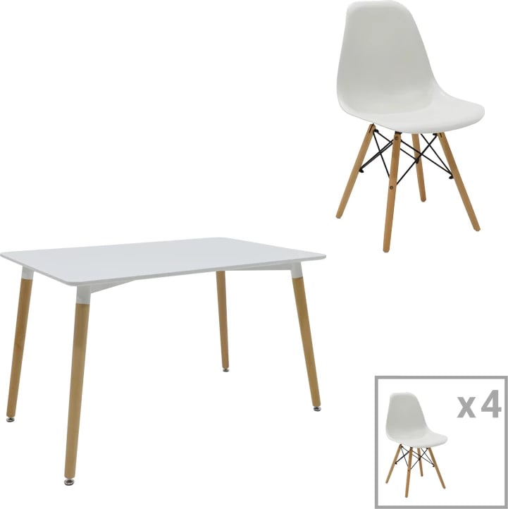 Tavolinë me karrige Natali-Julita set prej 5 copash MDF dhe pp, ngjyrë bardhë-natyrale, 120x80x76cm