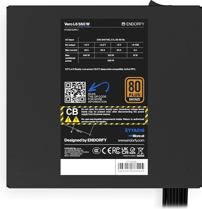 Furnizues energjie ATX, Endorfy Vero L6 EY7A016, 550W, 80 Plus Bronze, ATX 3.1, PCIe 5 (12V-2x6)