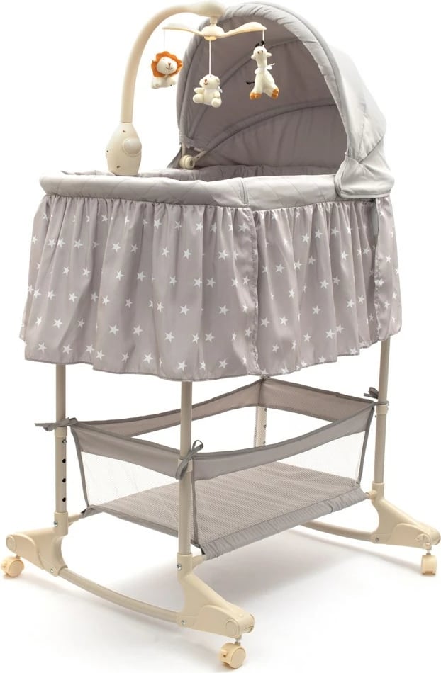 djep/krevat multifunksional për bebe, NEW BABY Stars, rregullim lartësie 4 nivele, karusel me drita muzikë dhe vibrime, kosh praktik, gri