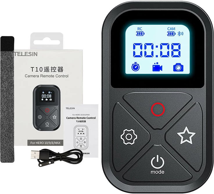 Telekomandë Telesin GP-RMT-T10 për GoPro Hero 12/11/10/9/8/MAX, me rrip dore, Bluetooth, e zezë