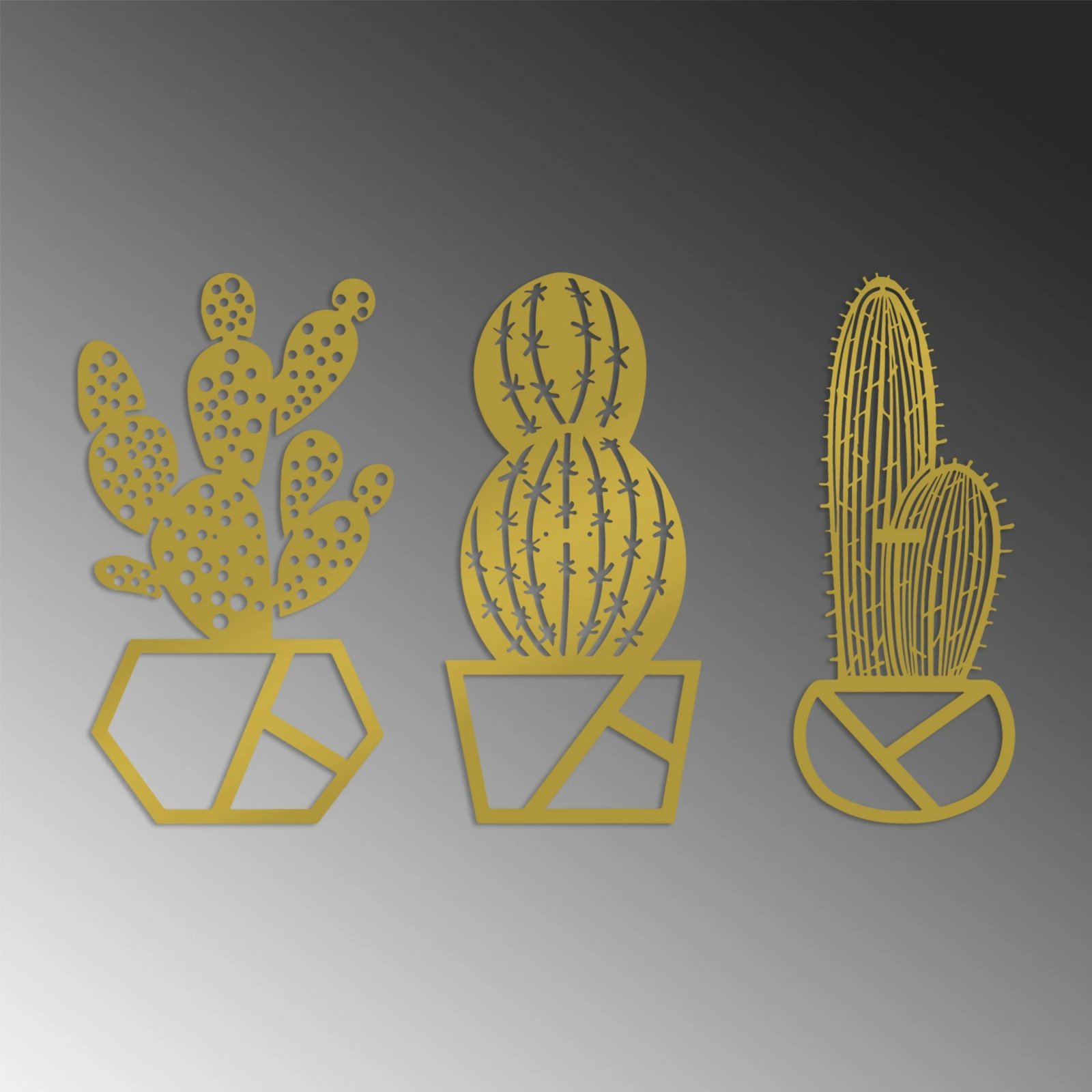 Aksesor dekorativ metalik për mur, kaktus, ngjyrë ari, set prej 3 copash