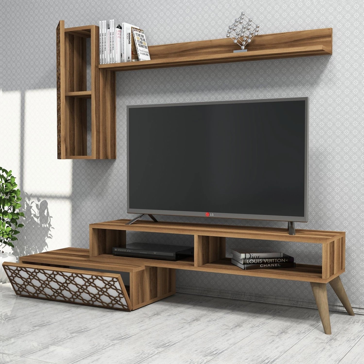 Set mobiljesh për TV, ngjyrë arre dhe e bardhë, FH9518.04, 150x37.2x37.8H cm