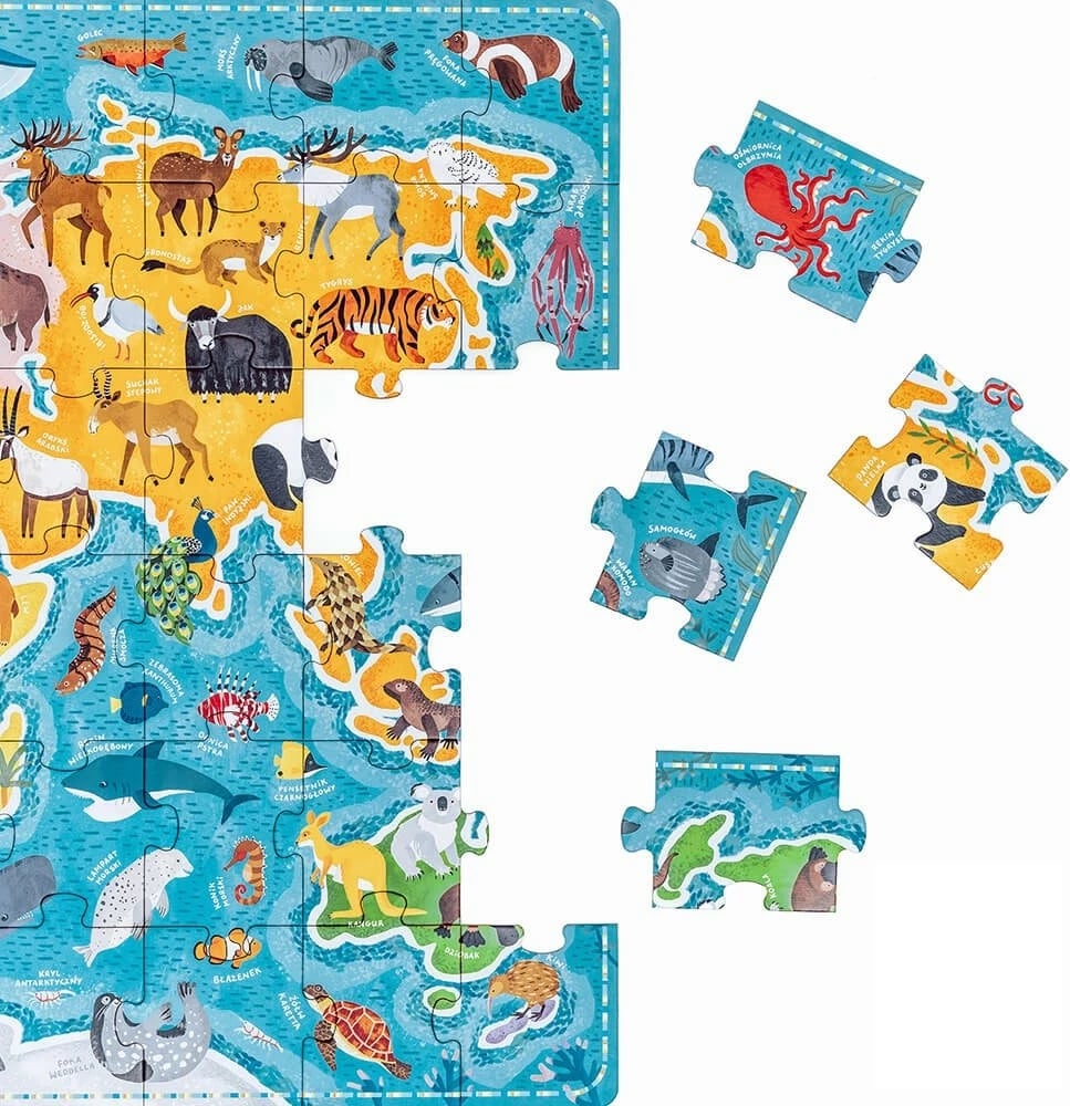 Puzzle edukativ CzuCzu Puzzlove, 60 pjesë, Harta e Botës me Kafshë, për fëmijë