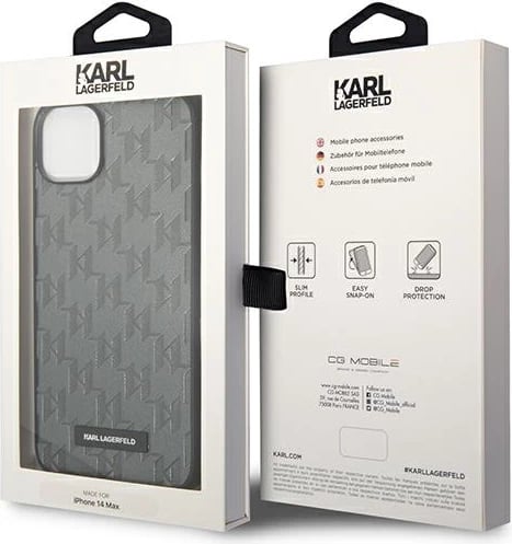 Mbështjellës Karl Lagerfeld KLHCP14MSAKLHPG për iPhone 14 Plus 6.7", Saffiano Mono Metal Logo, Gri