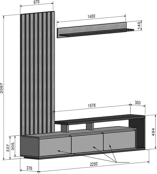 Set për dhomë ndeje melaminë antracit 225x37.6x210cm