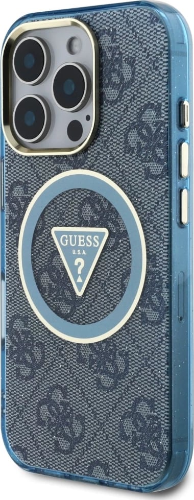 Mbështjellës Guess IML Metal Glitter 4G Circle Triangle MagSafe për iPhone 16 Pro Max, Blu