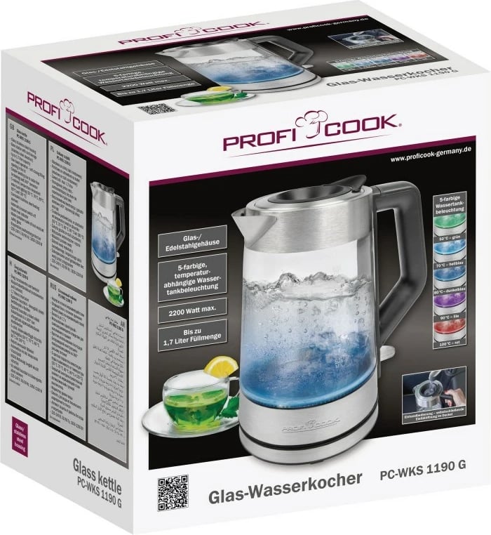 Vluese uji Proficook PC-WKS, 2200 W, 1.7 L, xham, e bardhë 