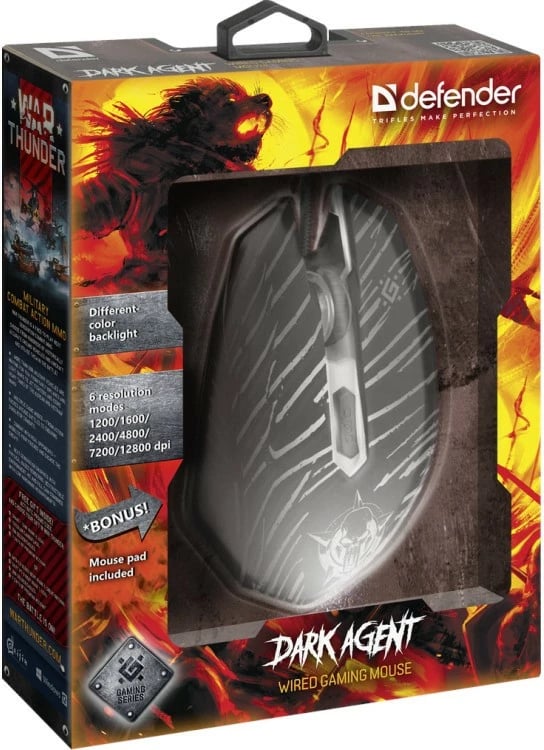 Maus gaming Defender DARK AGENT GM-590L, me kabllo, 12800 dpi, i zi